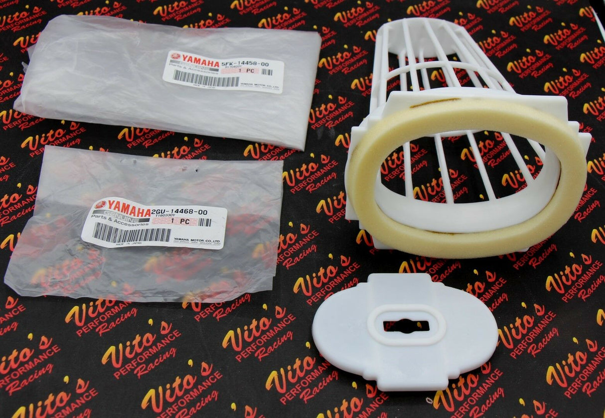 Yamaha Banshee OEM factory AIR FILTER CAGE GUIDE w/ New Vito's filter + END CAP 4