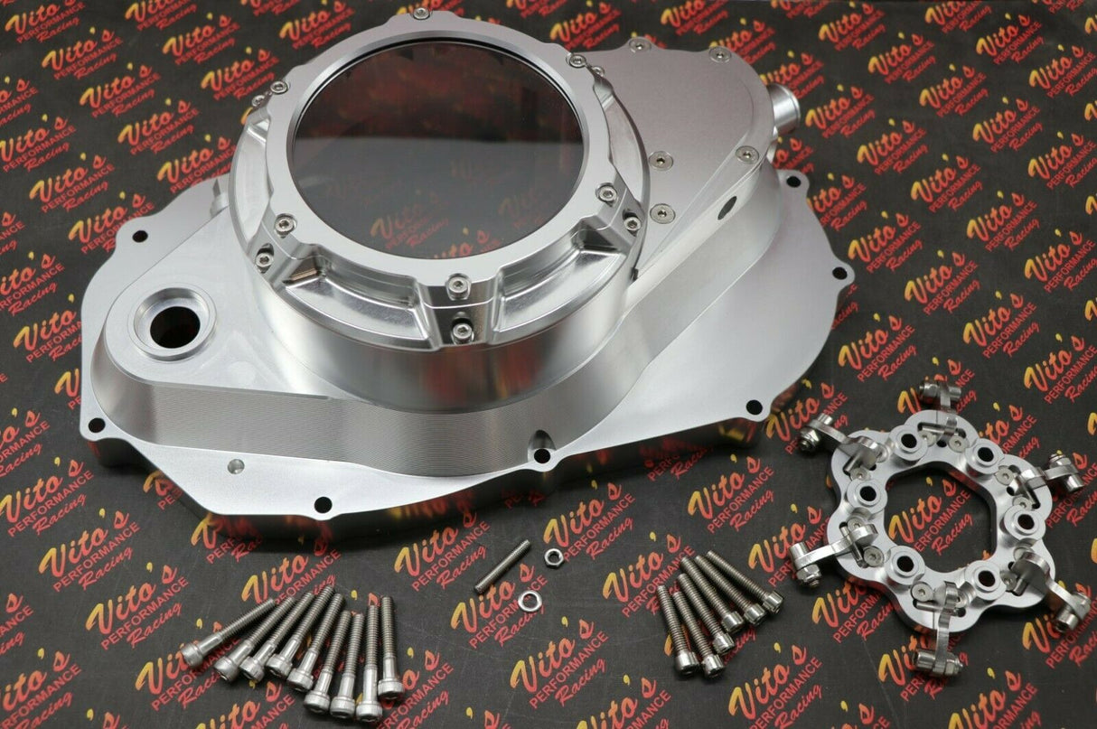 CLUTCH COVER + LOCK UP KIT Billet aluminum Yamaha Banshee clear window SILVER 1