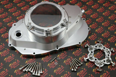 CLUTCH COVER + LOCK UP KIT Billet aluminum Yamaha Banshee clear window SILVER 1