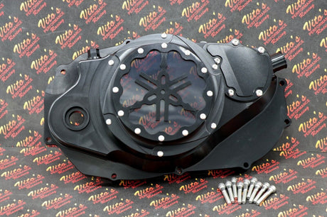Billet aluminum Yamaha Banshee lock up CLUTCH COVER clear window BLACK + LOGO 3
