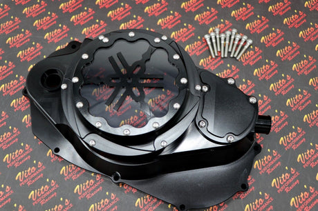 Billet aluminum Yamaha Banshee lock up CLUTCH COVER clear window BLACK + LOGO 9