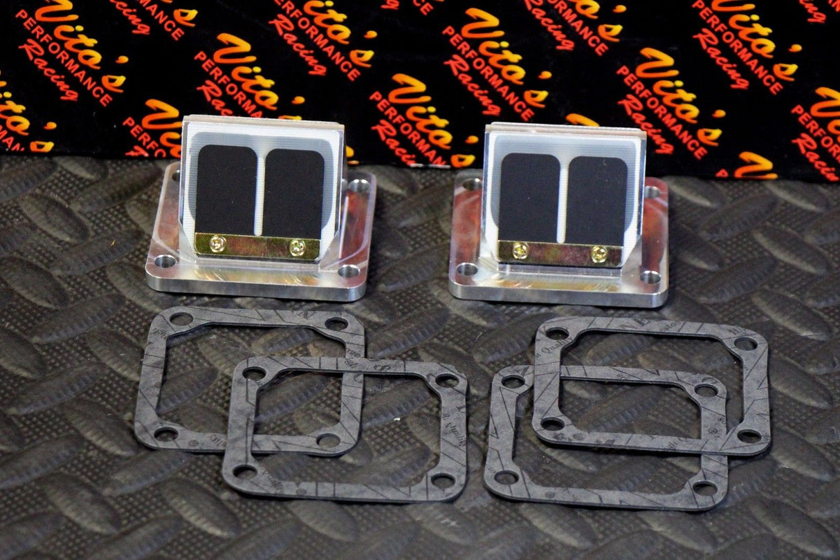 Vito's billet aluminum BULLSEYE REED VALVE CAGES + carbon flex reeds BANSHEE 1