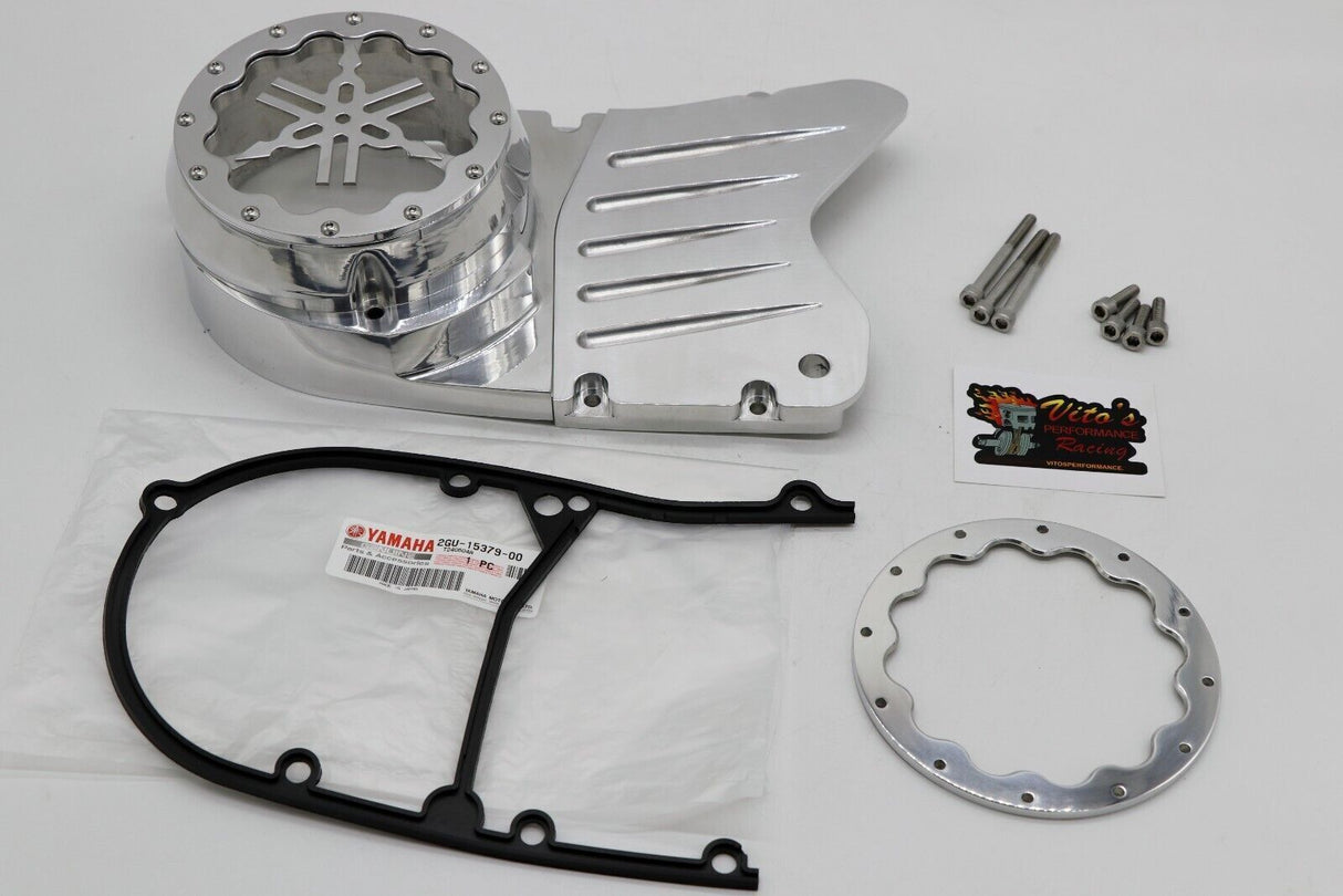 BILLET ALUMINUM STATOR COVER CLEAR WINDOW + 2 INSERTS FOR YAMAHA BANSHEE SILVER 1
