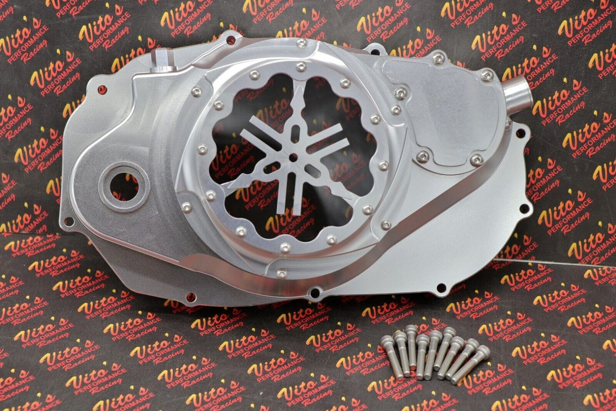 Billet aluminum Yamaha Banshee lock up CLUTCH COVER clear window dipstick LOGO 3