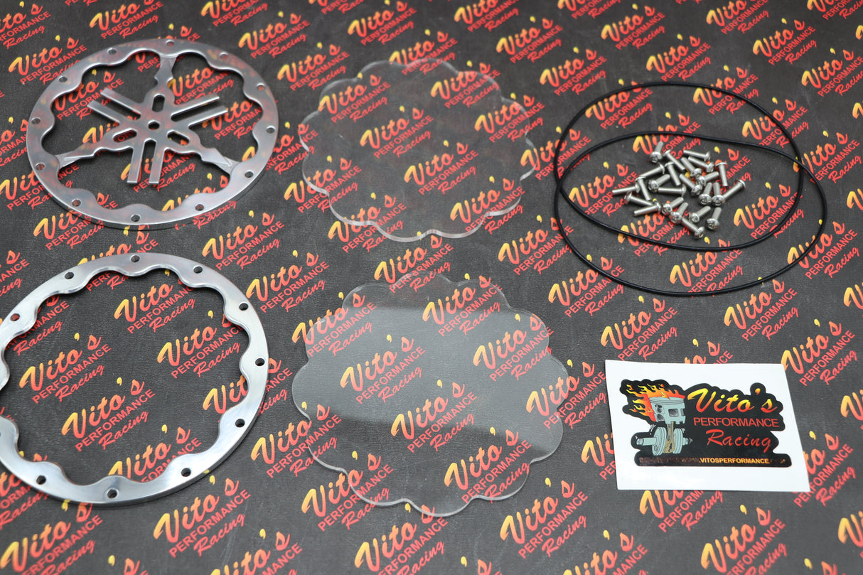 SILVER inserts clear cover + O-ring + screws Vito's Banshee billet clutch cover