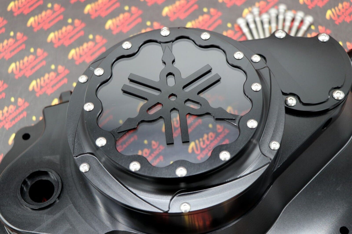 Billet aluminum Yamaha Banshee lock up CLUTCH COVER clear window BLACK + LOGO 6