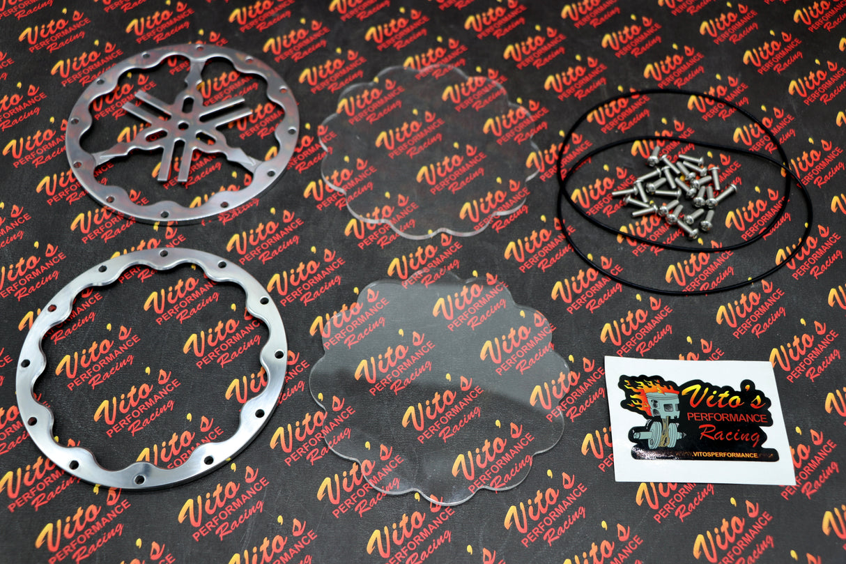 SILVER inserts clear cover + O-ring + screws Vito's Banshee billet clutch cover