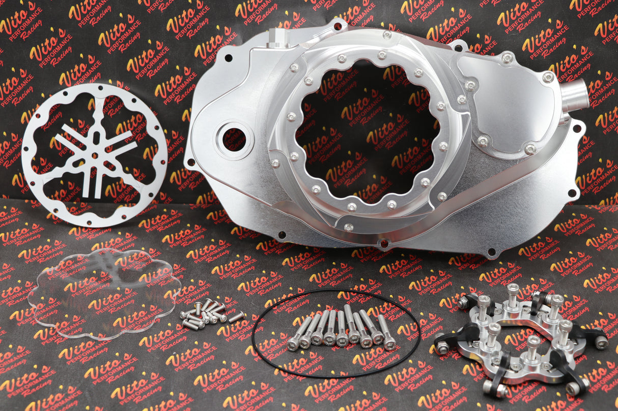 CLUTCH COVER + LOCK UP + LEVER Billet aluminum Yamaha Banshee clear window SILVER