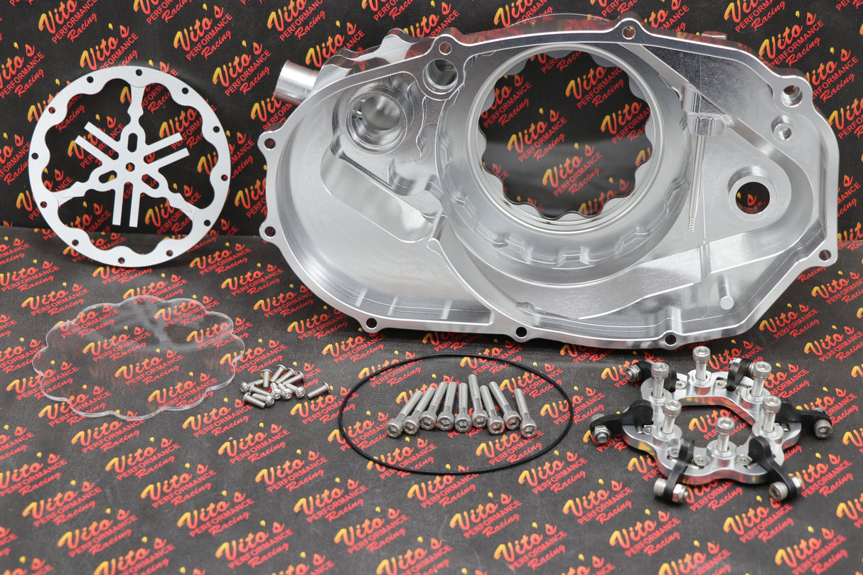 CLUTCH COVER + LOCK UP + LEVER Billet aluminum Yamaha Banshee clear window SILVER